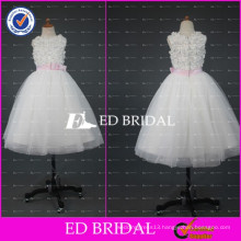 ED Bridal Real Sample Appliqued Ball Gown Ankle Length White Flower Girl Dress With Pink Ribbon 2017